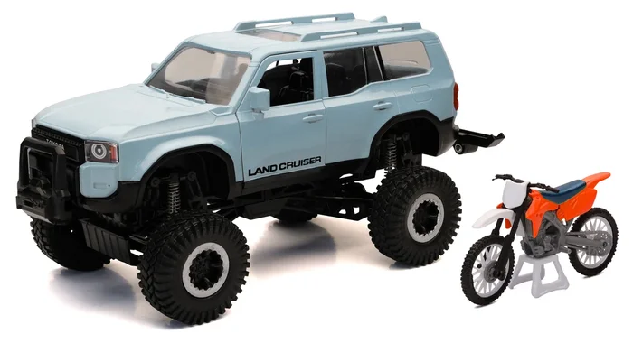 NEW-RAY - 37586 - 1:18 SCALE TRUCK/RACE BIKE LAND CRUISER/ORANGE RACE BIKE