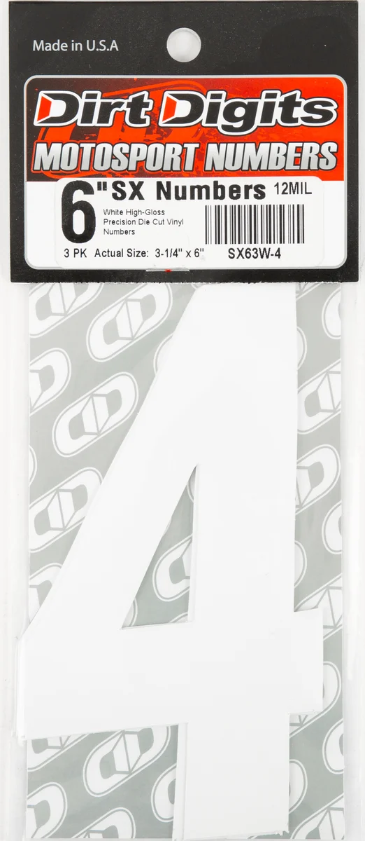 DIRT DIGITS SX63W-4 Super X Competition Stick-on Numbers - AMA Approved Decals for Powersports